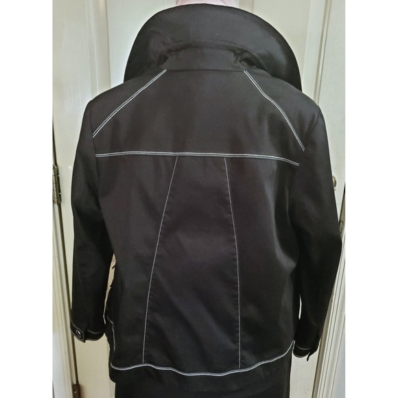 Sz 16W Blk Woven Zip Up Jacket White Top Stitch TAN JAY Flap Pocket Big Collar - Picture 6 of 9